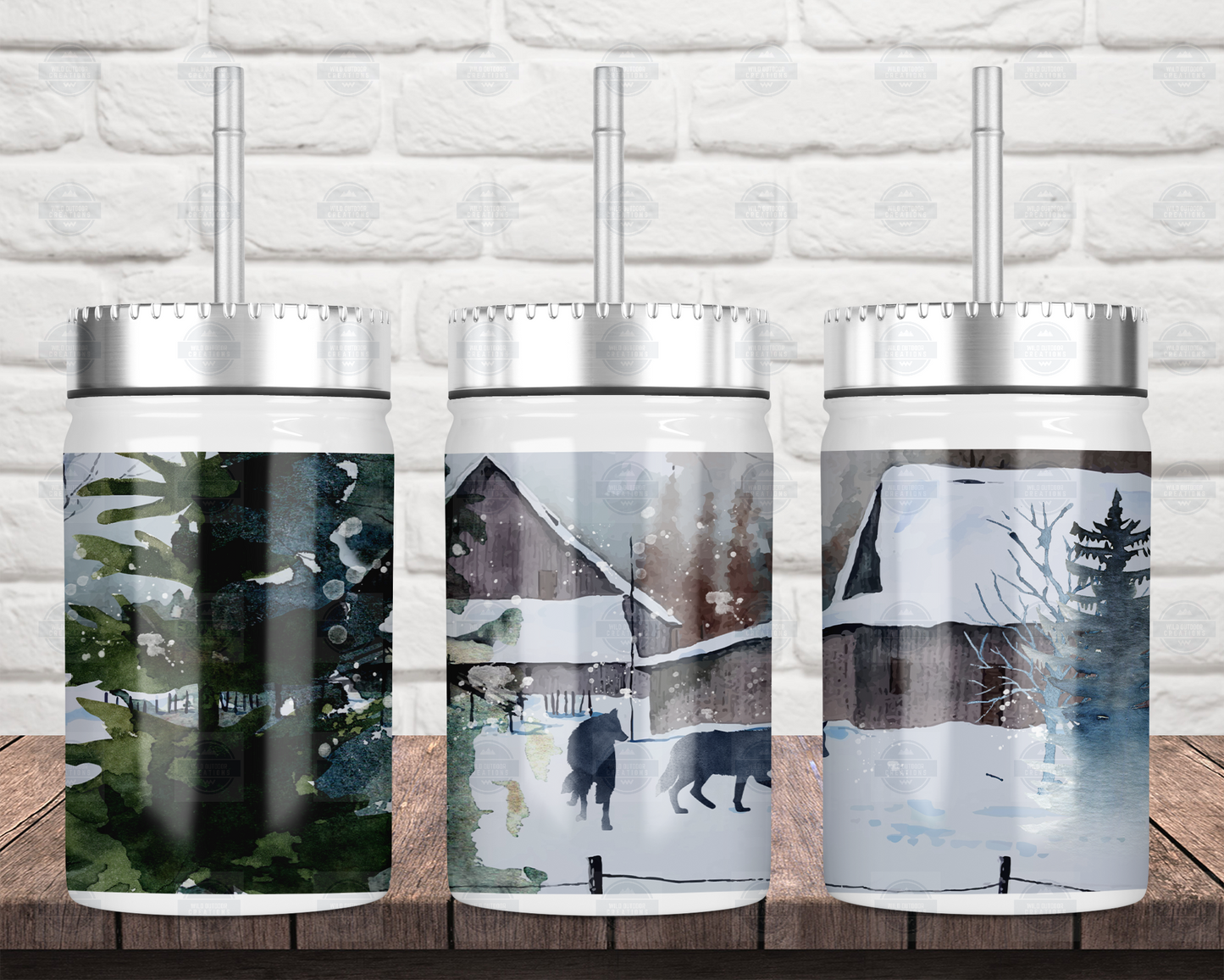 Wolf Winter Outdoorsy Theme 17oz Mason Jar with Straw And Lid