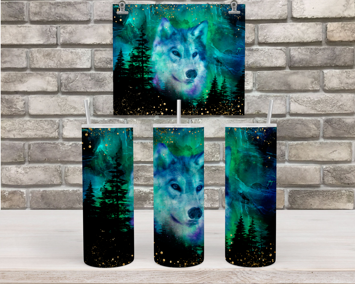 Wolf 20oz Tumbler Cup with Lid and Straw, Auora Borealis Outdoorsy Gifts for Women, Travel Coffee Tumbler