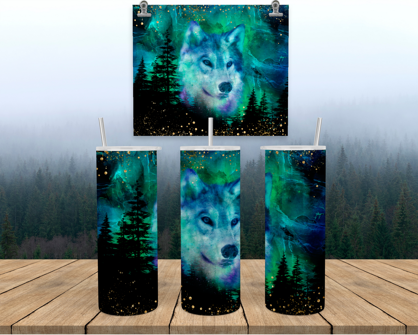 Wolf 20oz Tumbler Cup with Lid and Straw, Auora Borealis Outdoorsy Gifts for Women, Travel Coffee Tumbler