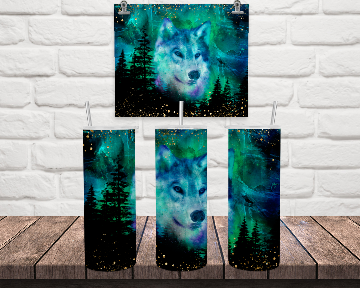 Wolf 20oz Tumbler Cup with Lid and Straw, Auora Borealis Outdoorsy Gifts for Women, Travel Coffee Tumbler