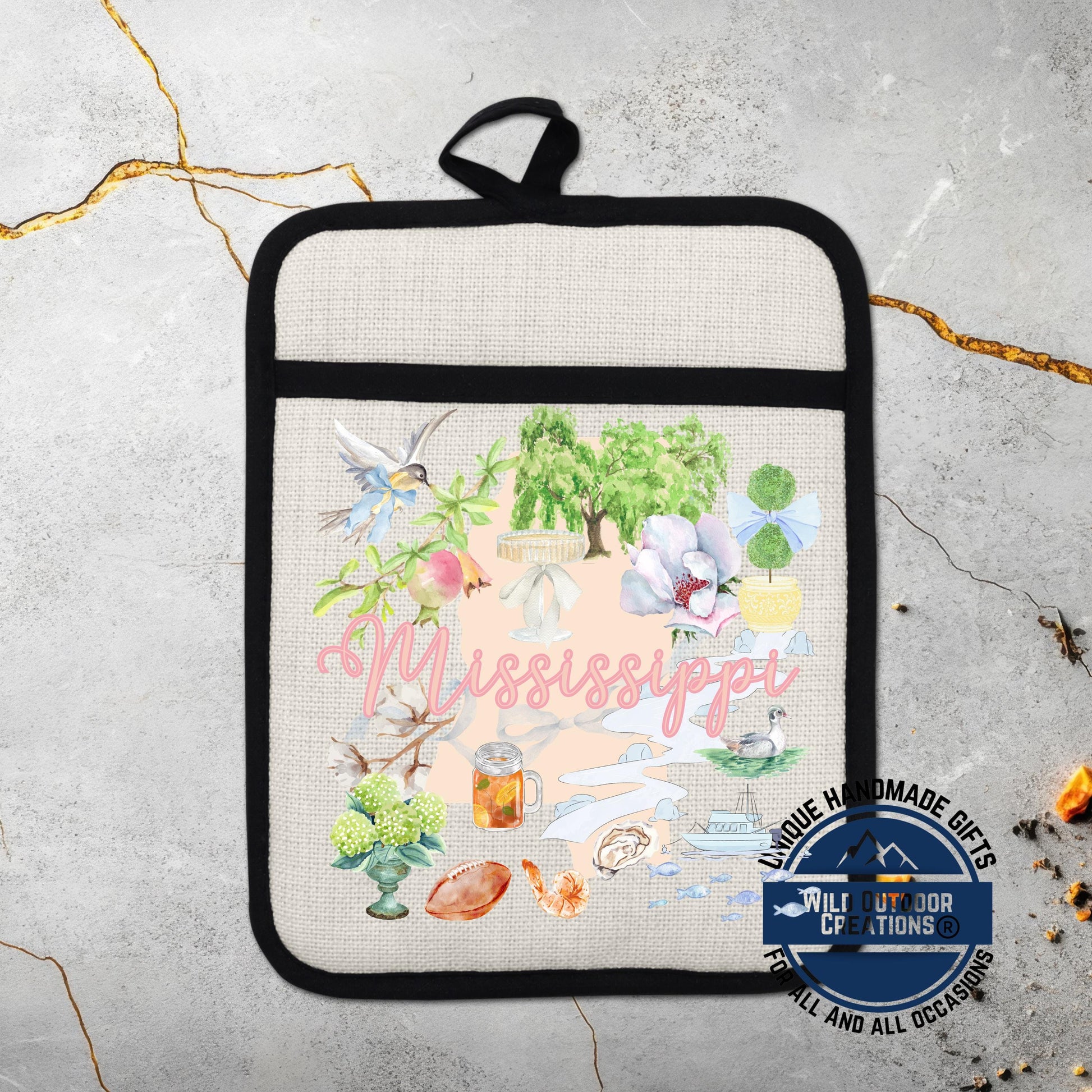 Mississippi Pot Holder | Non Slip Silicone Linen Pocket Potholder With Magnolia Design - product dimensions and specificat...