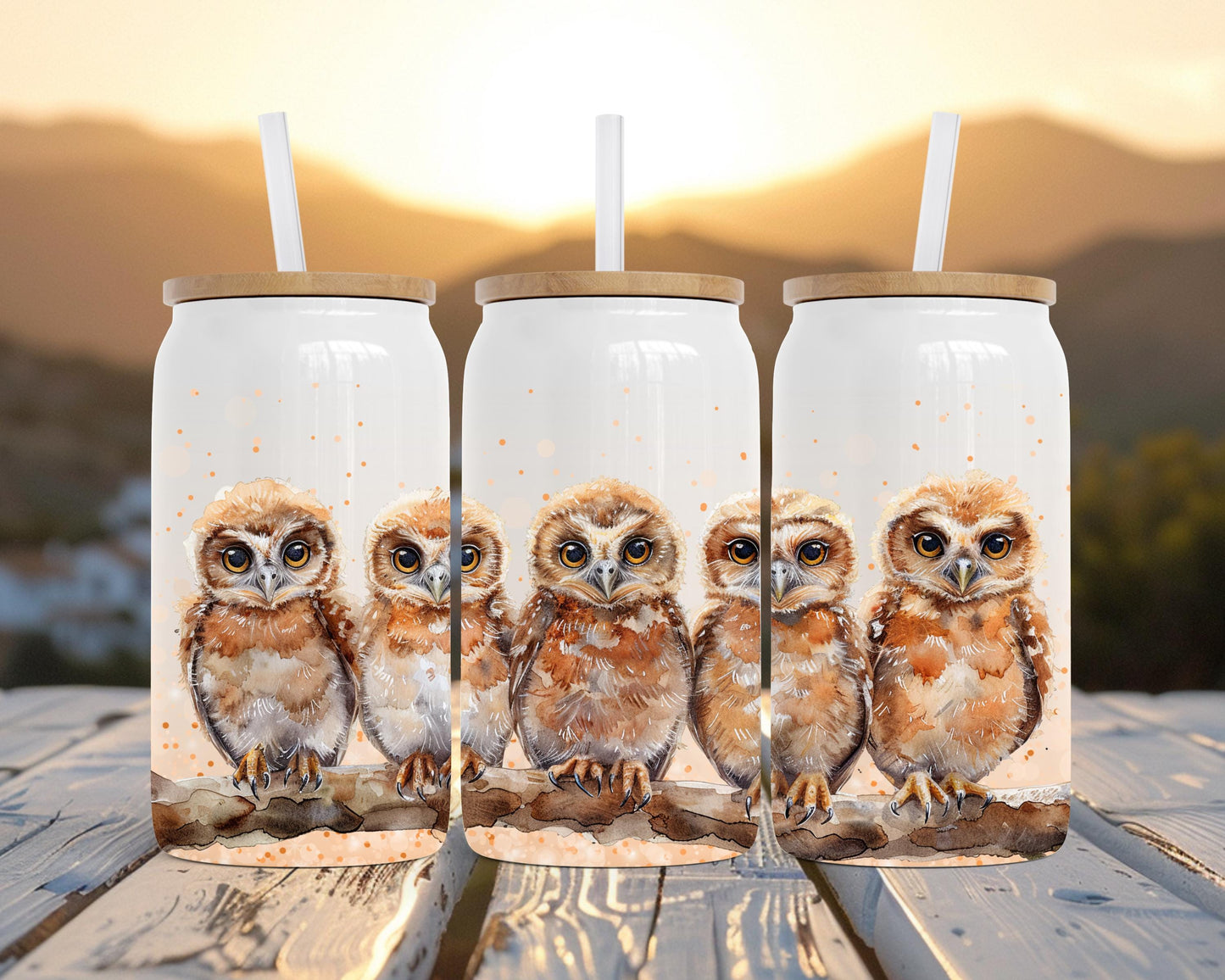 Eco-Friendly 16oz Stainless Steel Can with Bamboo Lid, Five Owls Watercolor Art