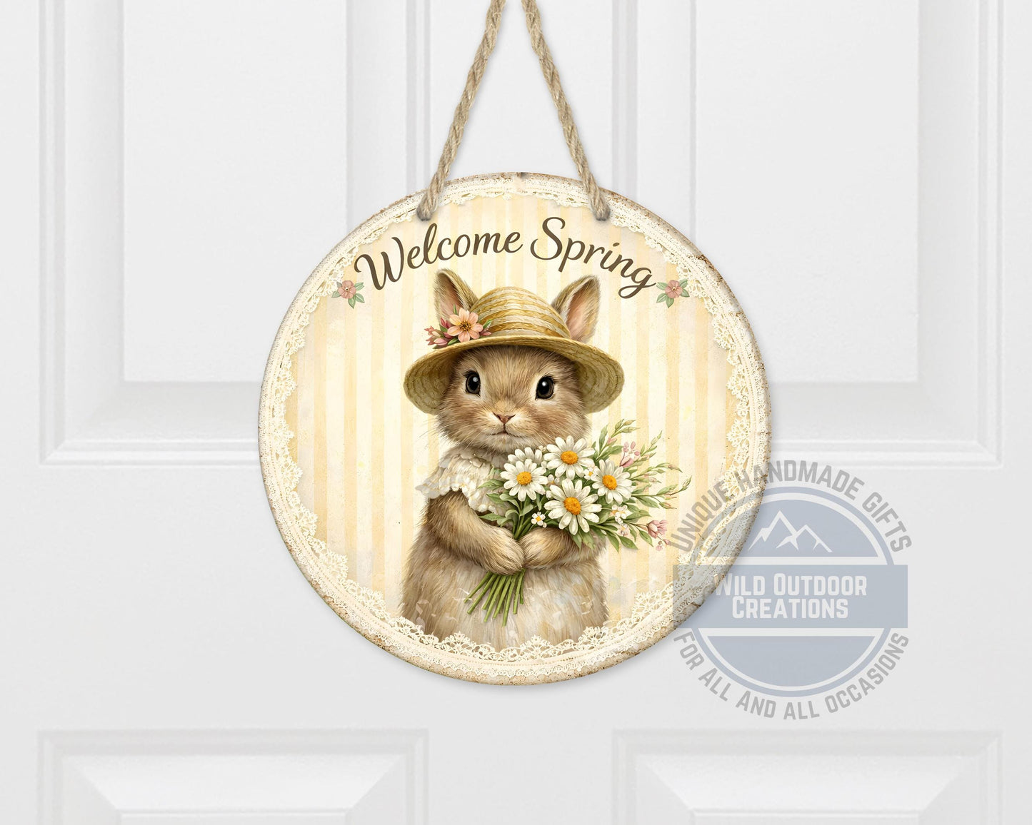 Spring Bunny Door Hanger – Floral Rabbit Wreath with Daisy Bouquet Sign