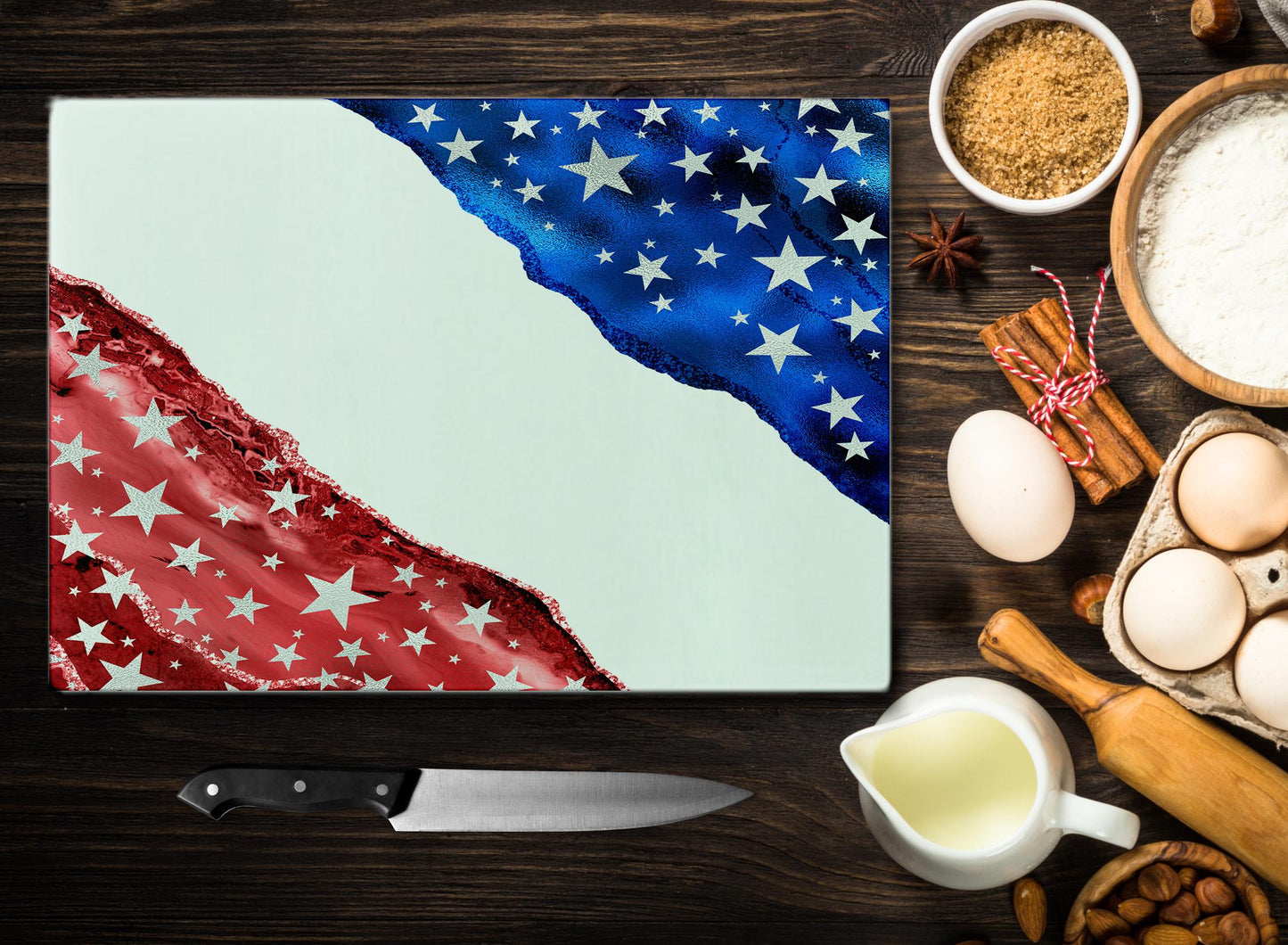 Patriotic Agate Tempered Glass Cutting Board, Red White Blue Kitchen Deco
