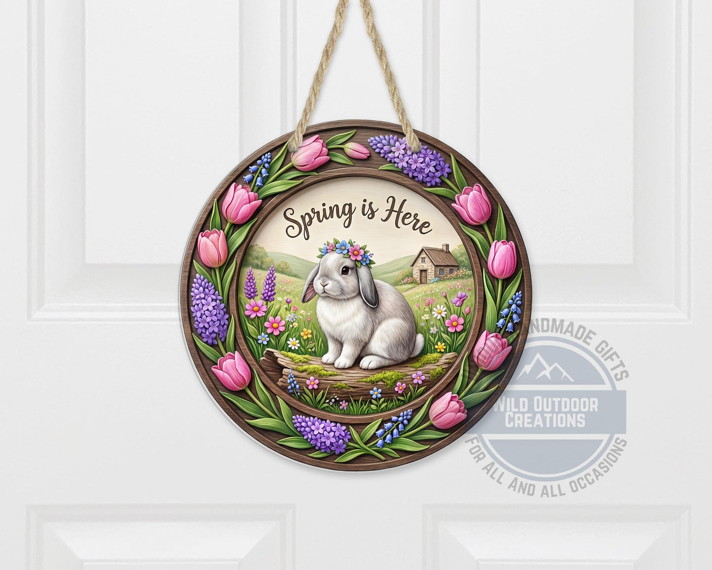 Spring Door Hanger – Round Aluminum Bunny Spring Sign with Tulip Decor - packaging and presentation
