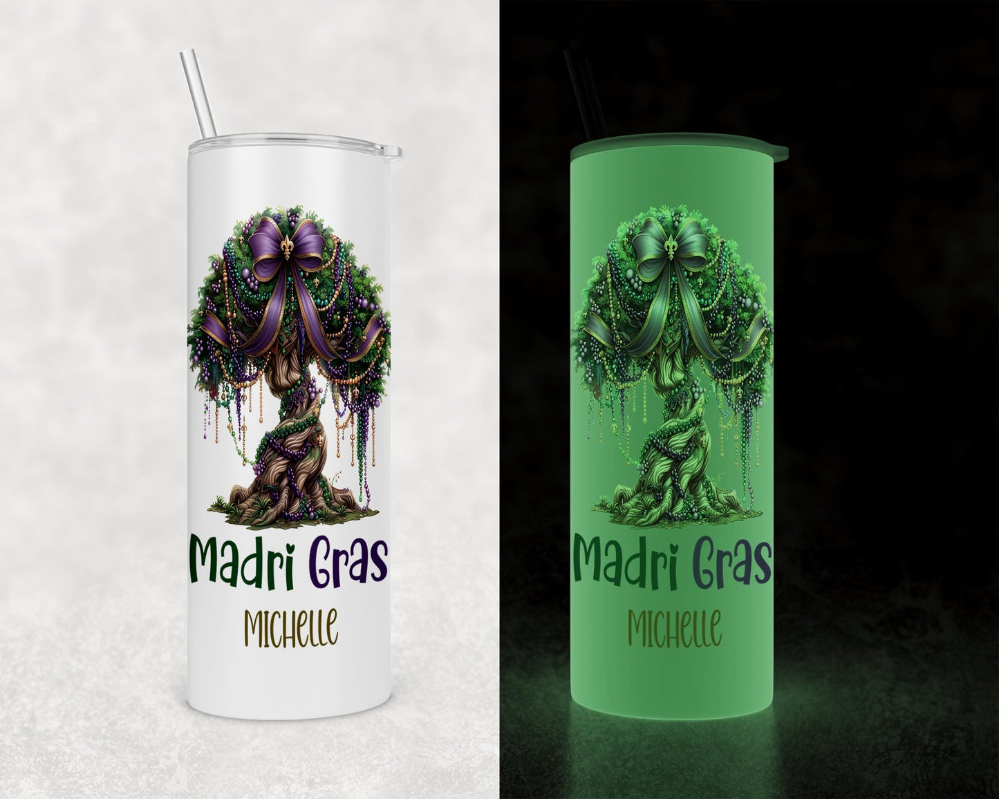 Mardi Gras Skinny Tumbler - Custom Name Glow In Dark Cup | Vacuum Insulated 20oz & 30oz - additional angle