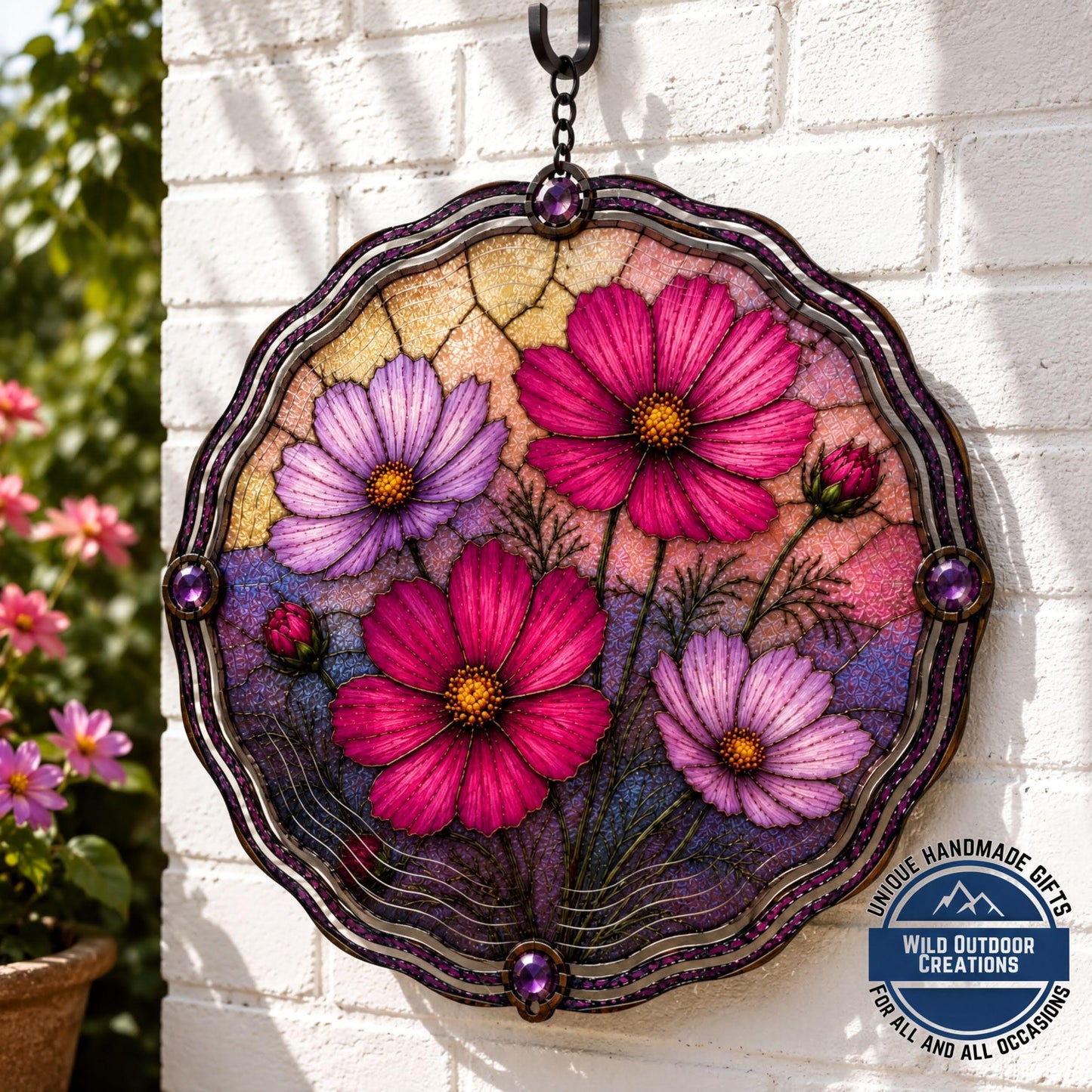 October Birth Flower Wind Spinner Cosmos Faux Stained Glass Garden Gift Yard Art