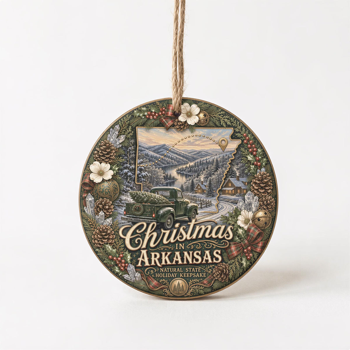 Arkansas Christmas Ornament, Vintage Truck River Ceramic Keepsake