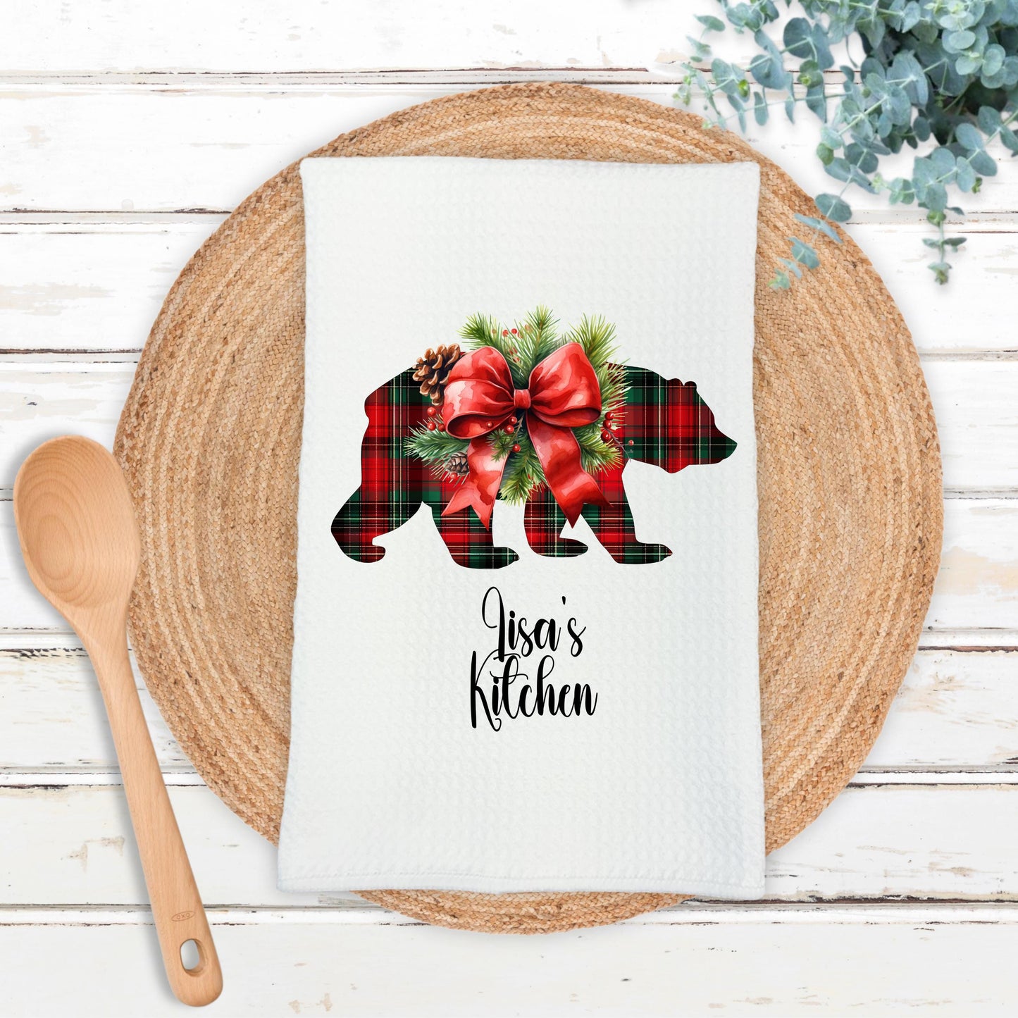 Personalized Christmas Bear Kitchen Towel - Cute Holiday Decor Gift for Home