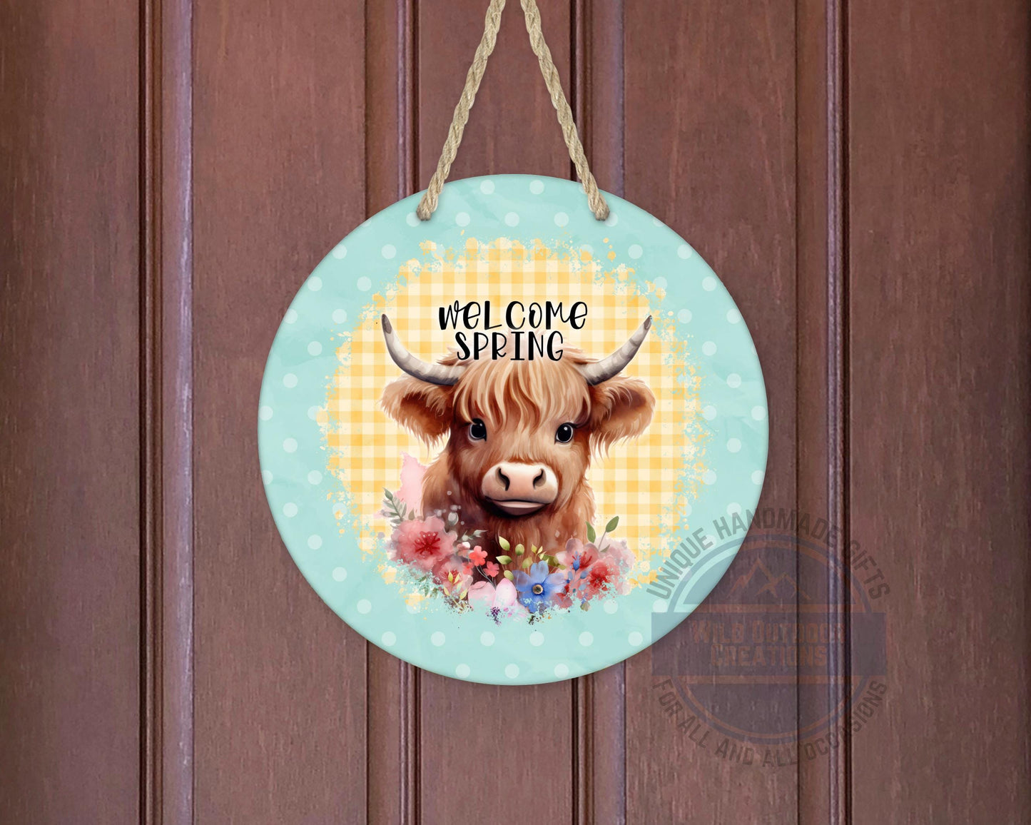 Welcome Spring Sign - Highland Cow Decor | Round Aluminum Front Porch Sign
