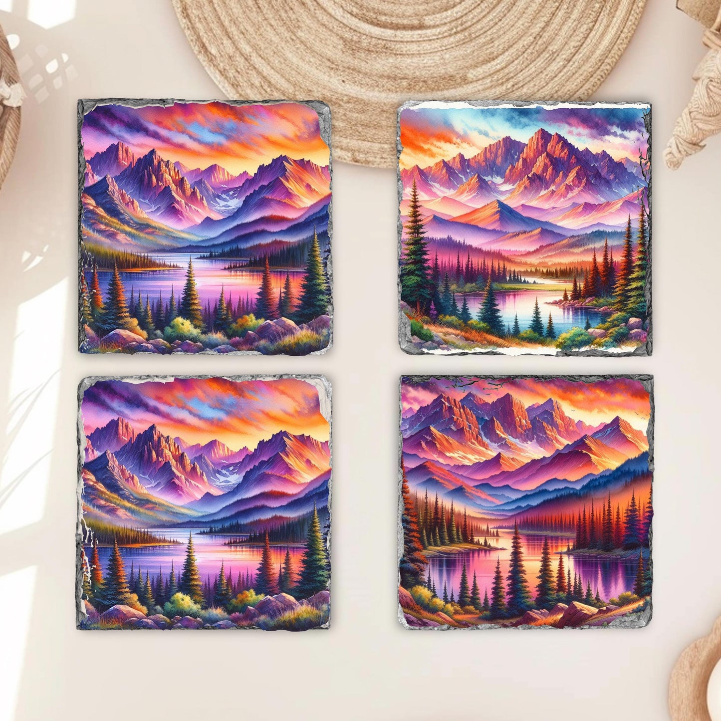 Slate Coaster Set with Vibrant Sunset Mountain Lake Images  Fractured Edges Perfect Gift for Nature Lovers