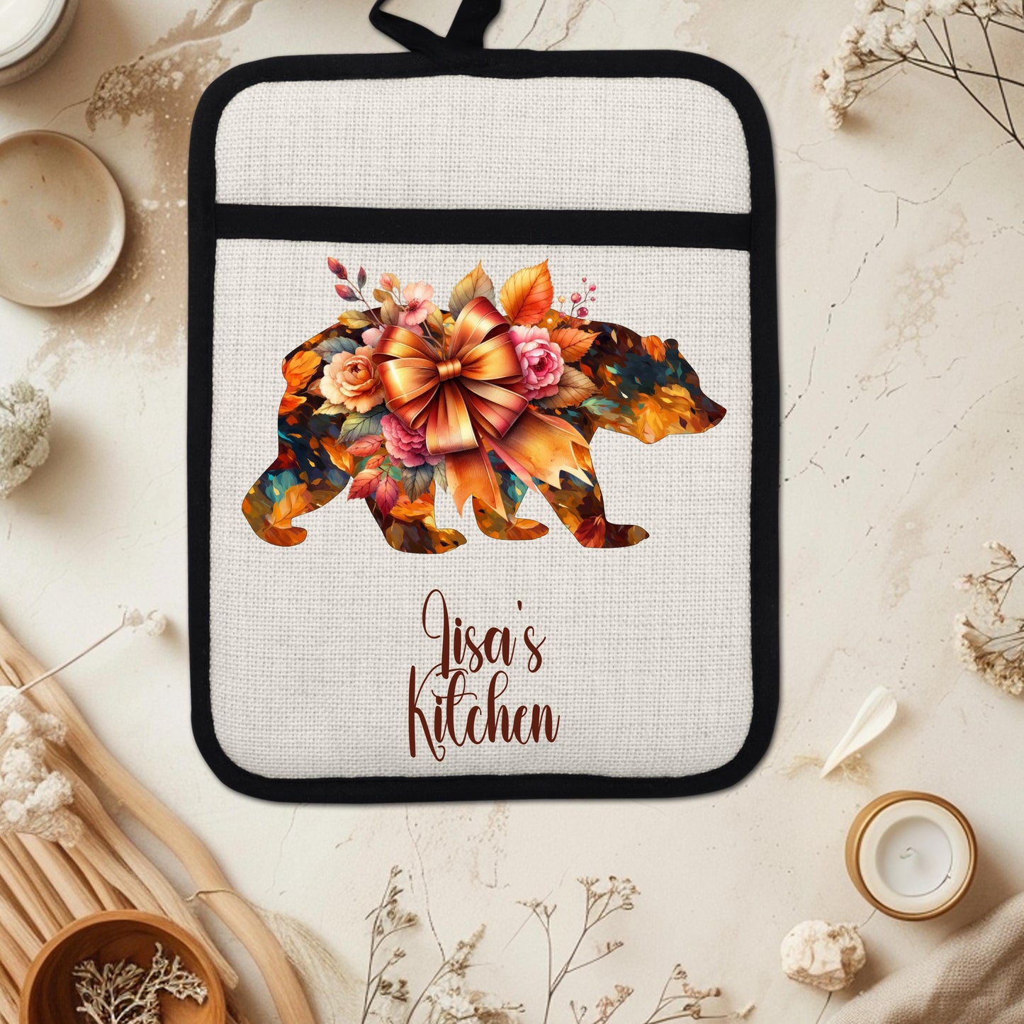 Personalized Autumn Bear Potholder with Pocket - 9x7 Non-Slip Silicone Baking Essential