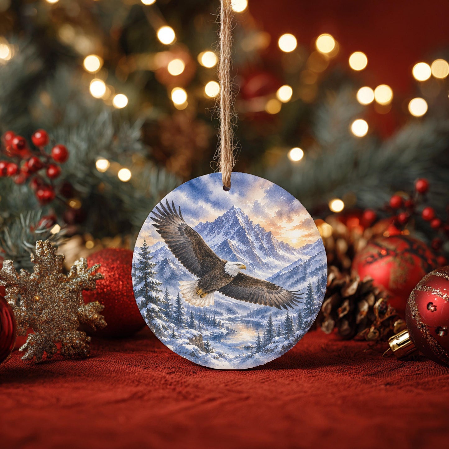 Bald Eagle Ornament, Watercolor Mountains, 3 Inch Ceramic Round
