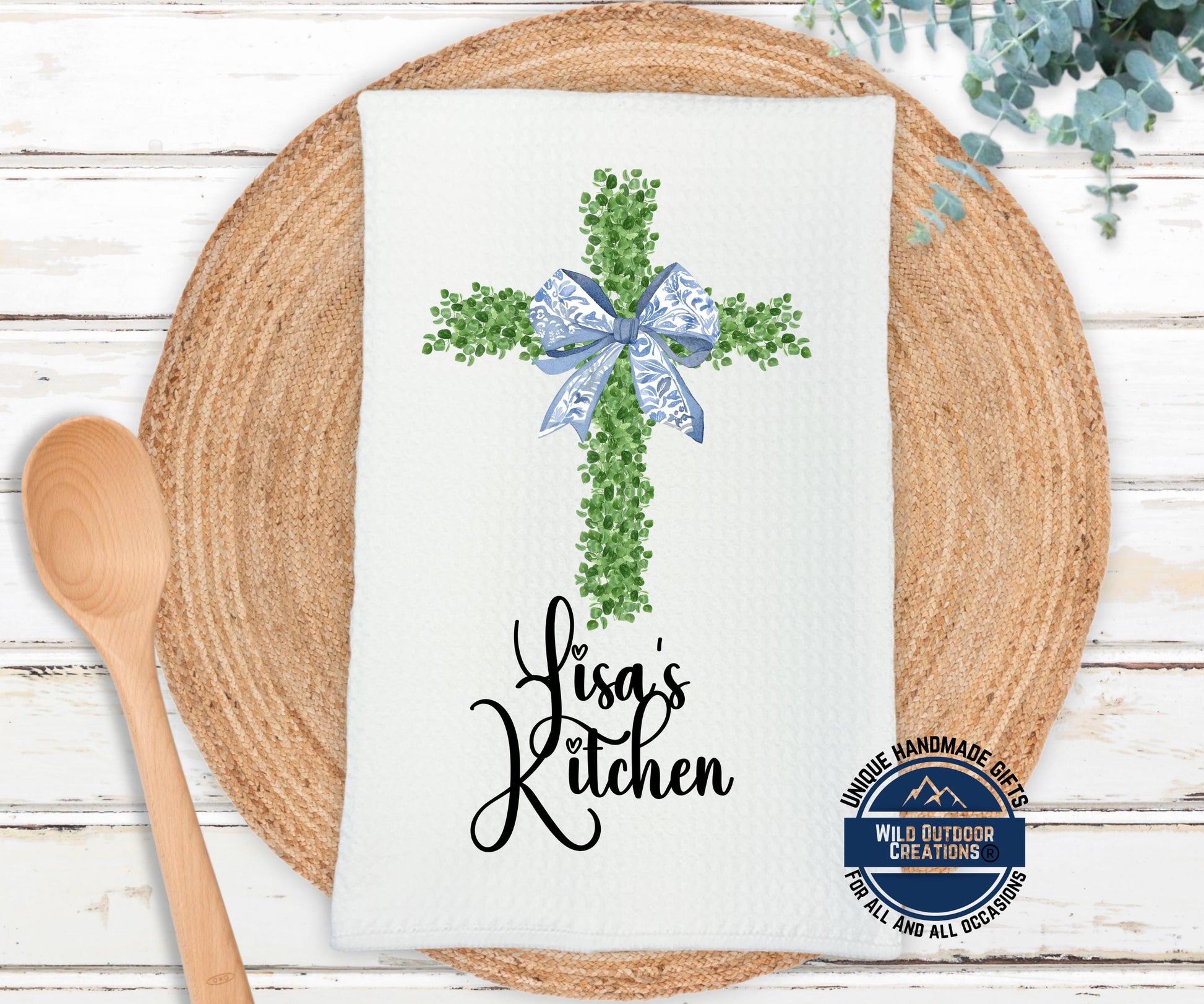 Personalized Kitchen Towel - Custom Name Cross Waffle Weave Easter Gift - lifestyle view