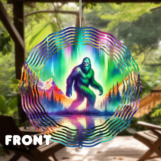 Bigfoot Forest Wind Spinner - 10x10 Double-Sided Outdoor Art with Watercolor Northern Lights Design