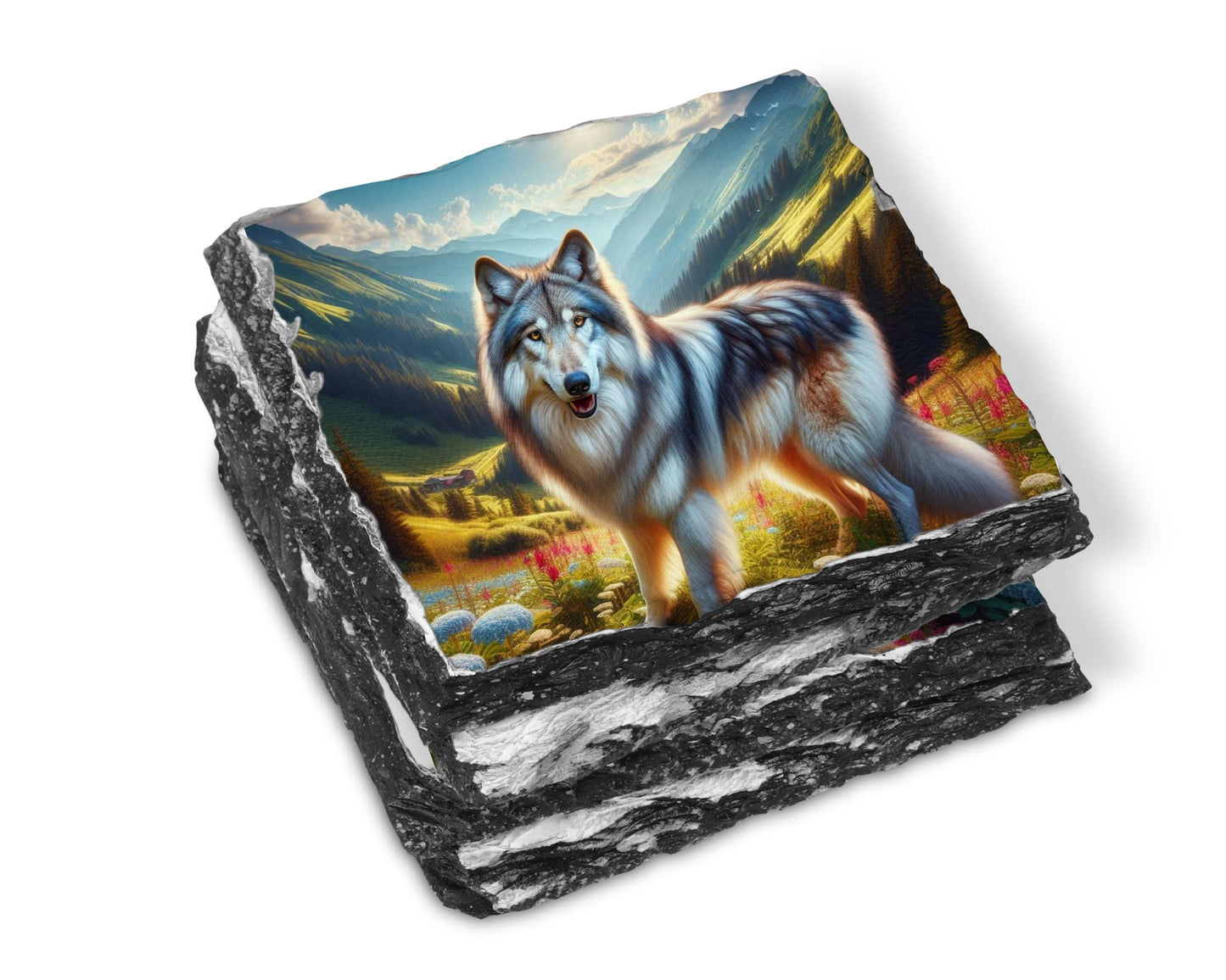 Artistic Wolf Mountain Slate Coaster Set  Ideal Gift for Wildlife Lovers and Housewarmings