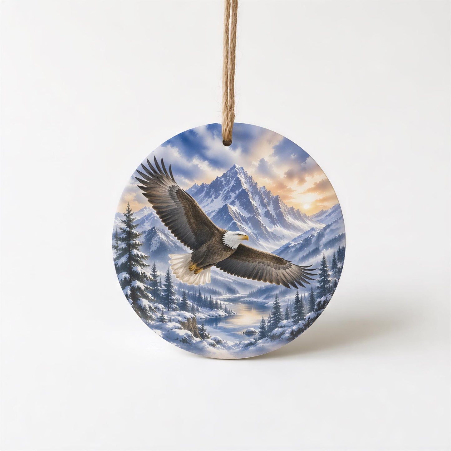 Bald Eagle Ornament, Watercolor Mountains, 3 Inch Ceramic Round