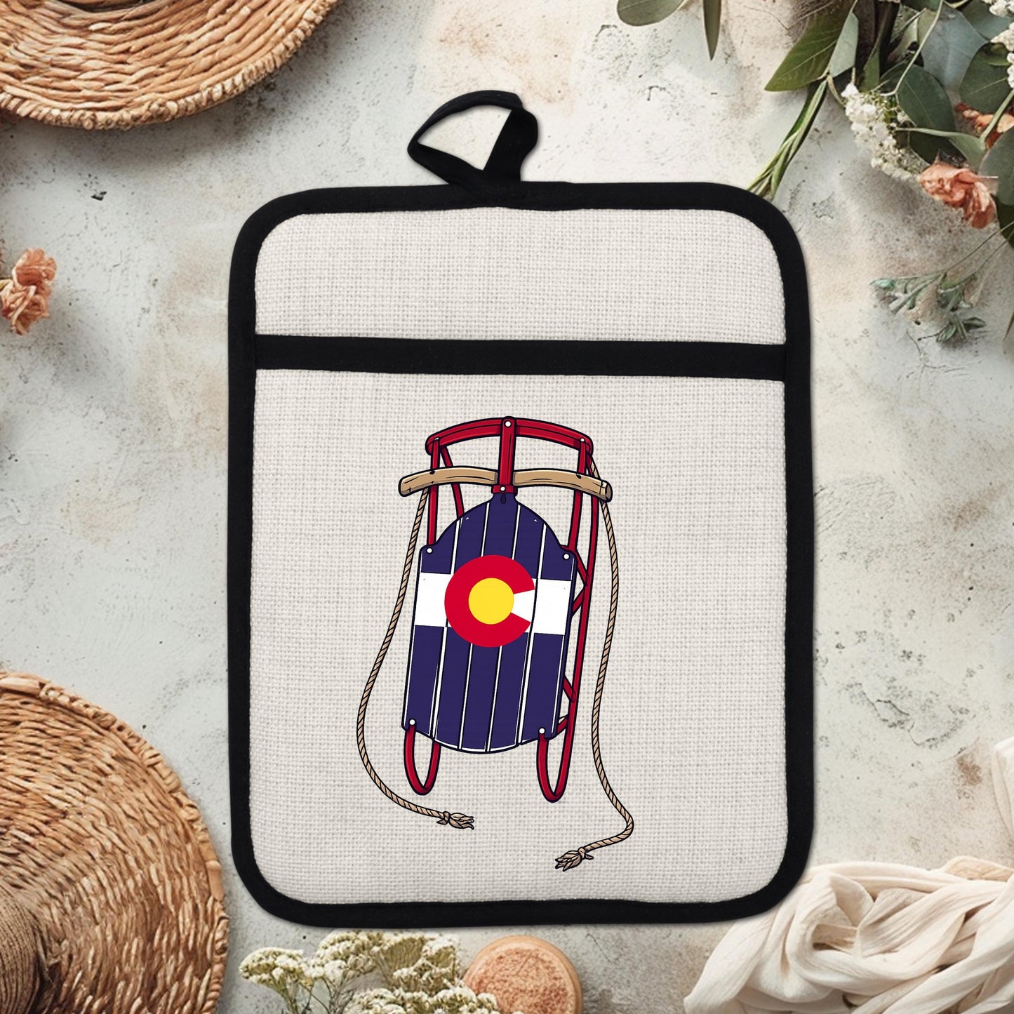Colorado Sled Pot Holder - Linen Pot Holder with Silicone Back Trivet, Heat Resistant Oven Mitt