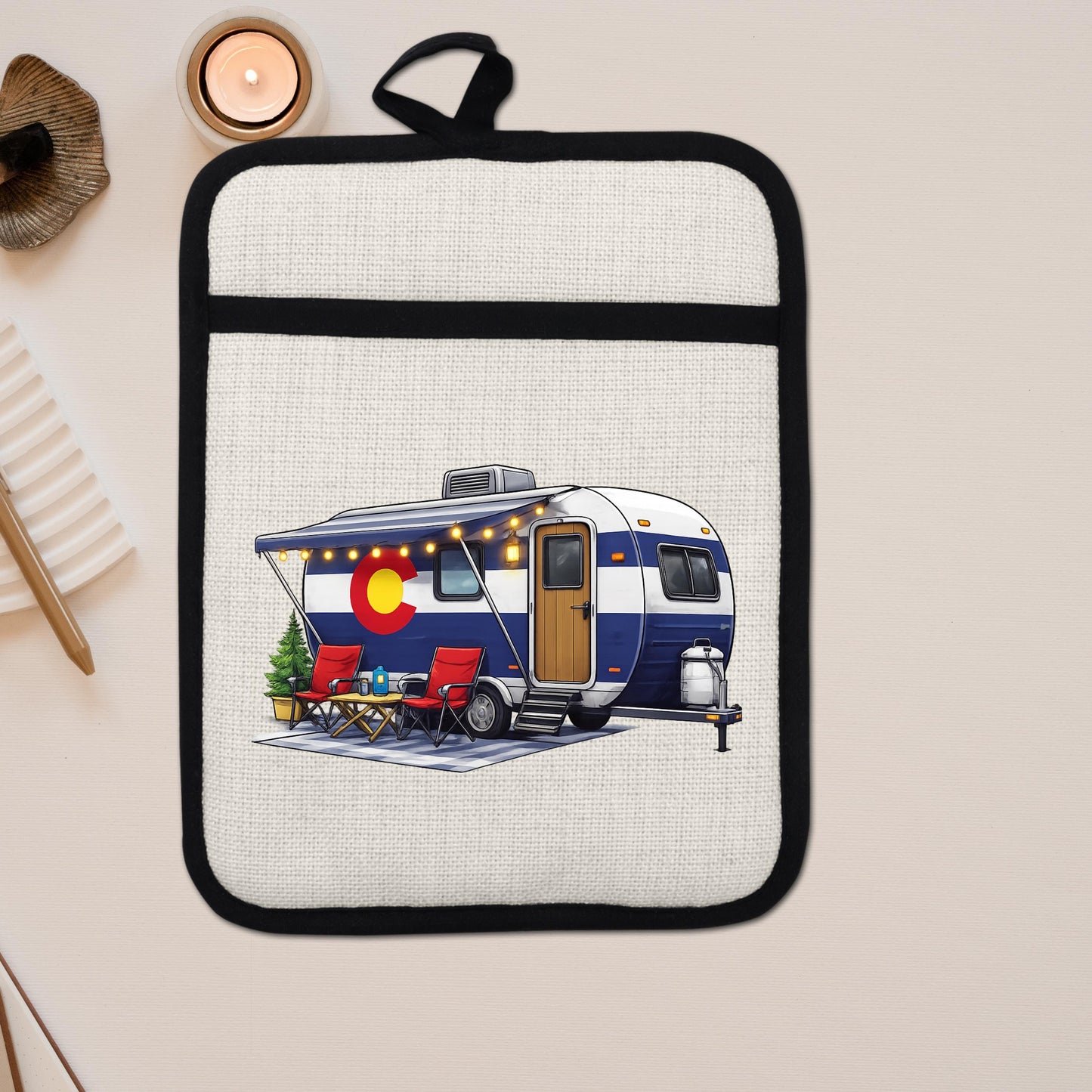 Colorado Camper Pot Holder - Linen Fabric, Silicone Heat Trivet With Loop