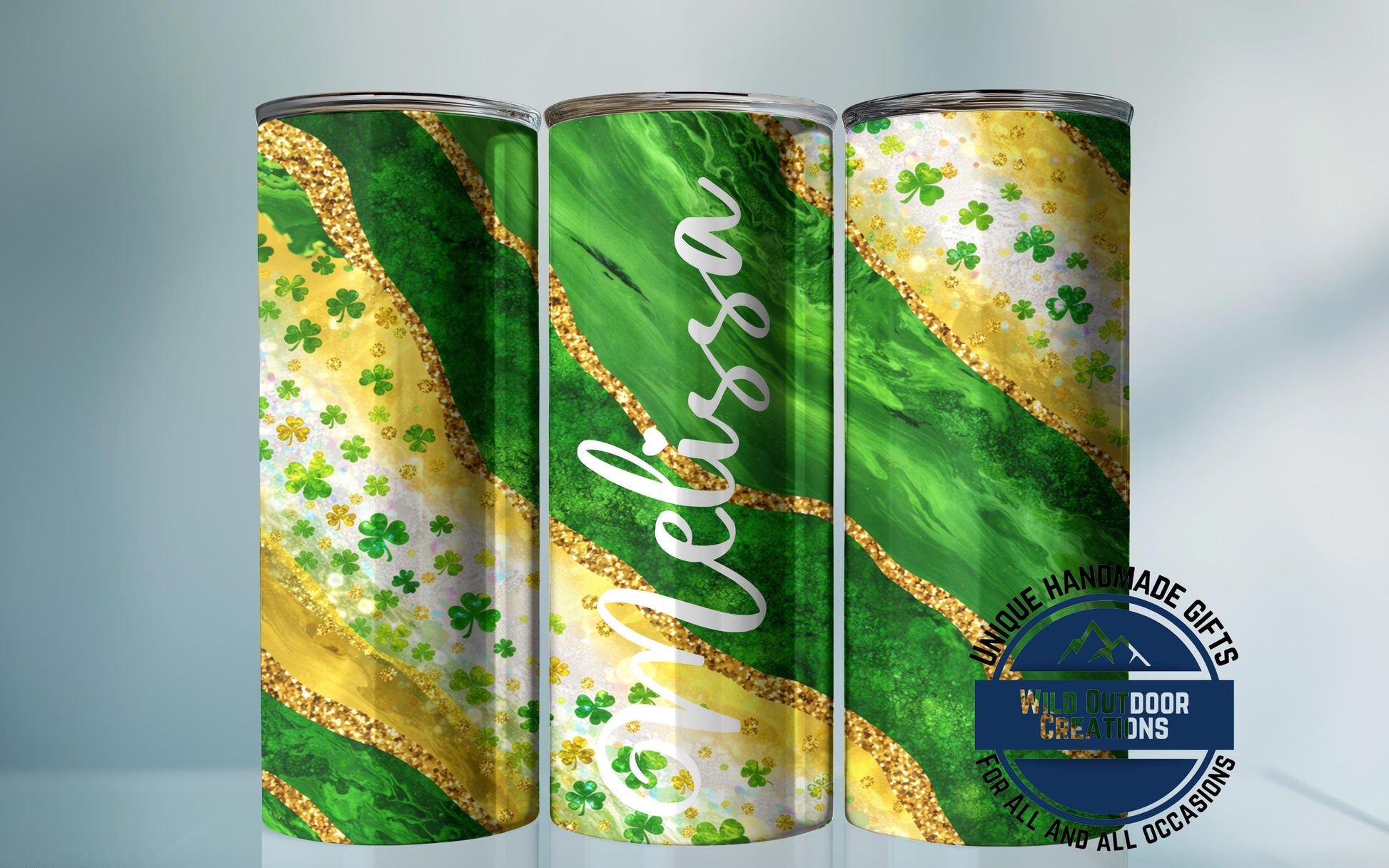St Patrick's Day Tumbler - Custom Skinny Glow Green Cup With Name & Reusable Straw - gift presentation view
