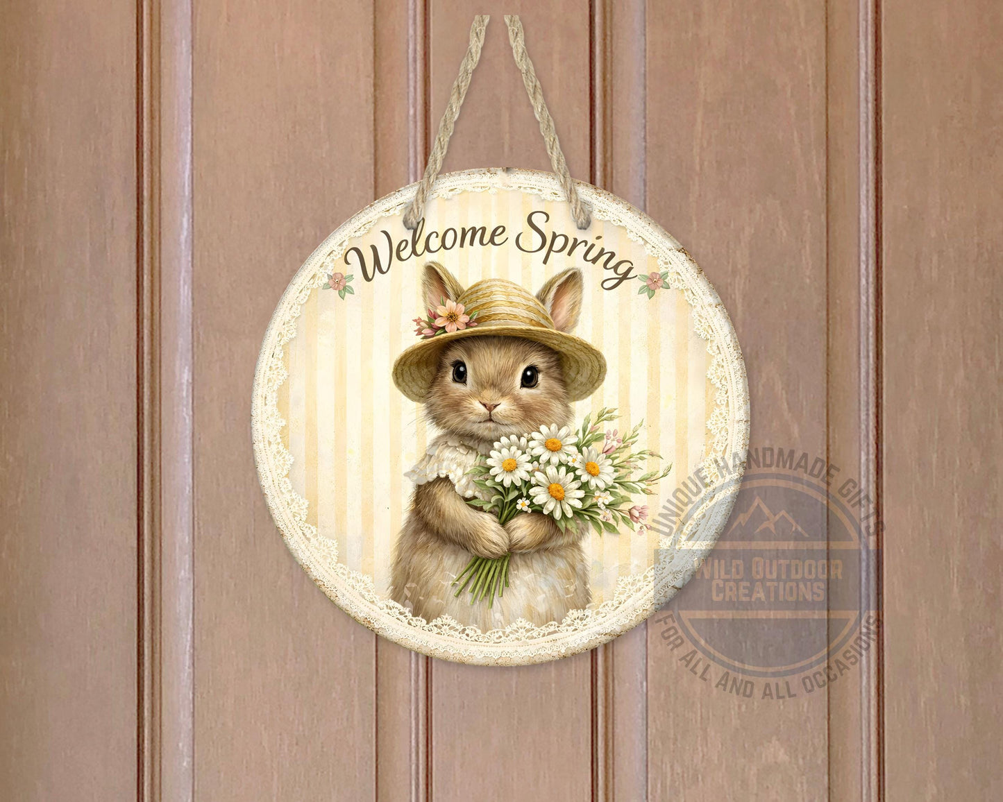 Spring Bunny Door Hanger – Floral Rabbit Wreath with Daisy Bouquet Sign