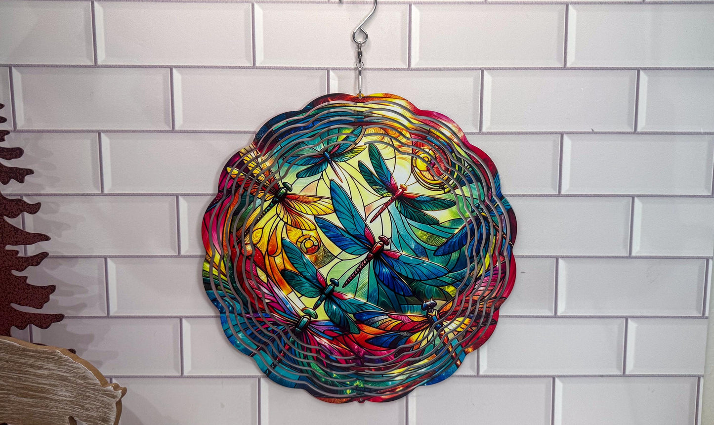 Dragonfly Garden Spinner Faux Stained Glass, UV Protected, 10X10