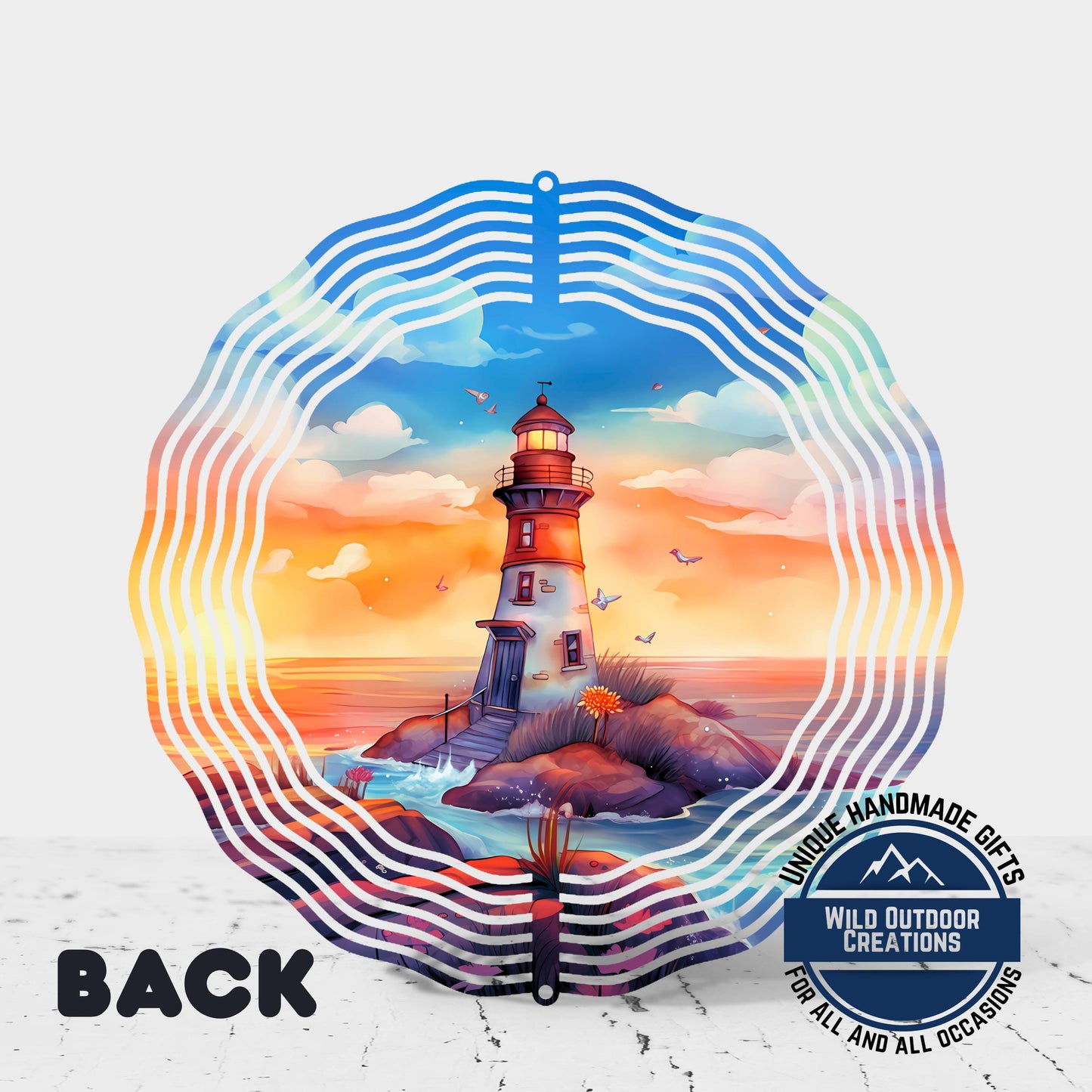 Watercolor Lighthouse Wind Spinner – Coastal Patio Decor with 360 Degree Swivel