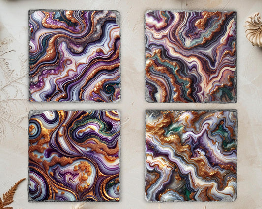 Mardi Gras Coaster Set of 4 - Purple Gold Glitter  Green Agate  Perfect Boho Housewarming Gift