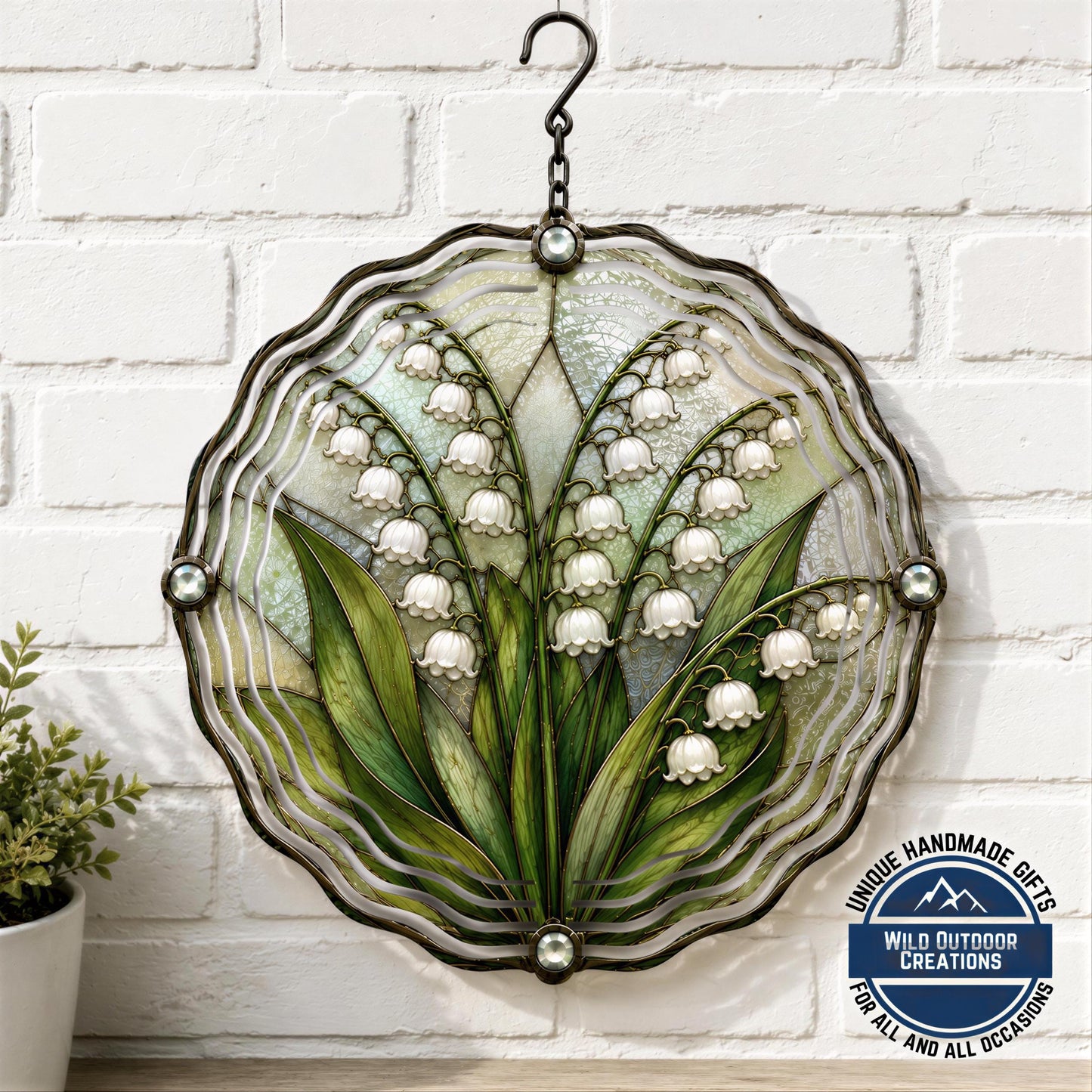 May Birth Flower Lily of the Valley Wind Spinner 10 Inch Faux Stained Glass Decor
