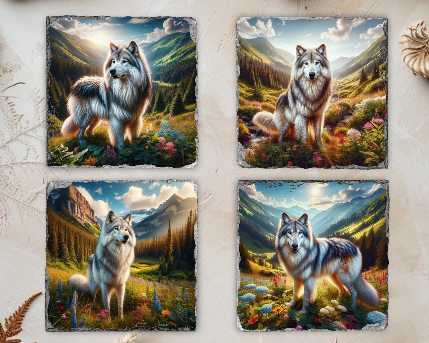 Artistic Wolf Mountain Slate Coaster Set  Ideal Gift for Wildlife Lovers and Housewarmings