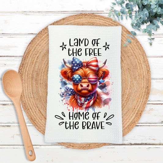 Patriotic Highland Cow Waffle Weave Towel, Unique Hostess Gift, Americana Kitchen Decor, USA Flag Theme, Unique Gifts for 4th of July
