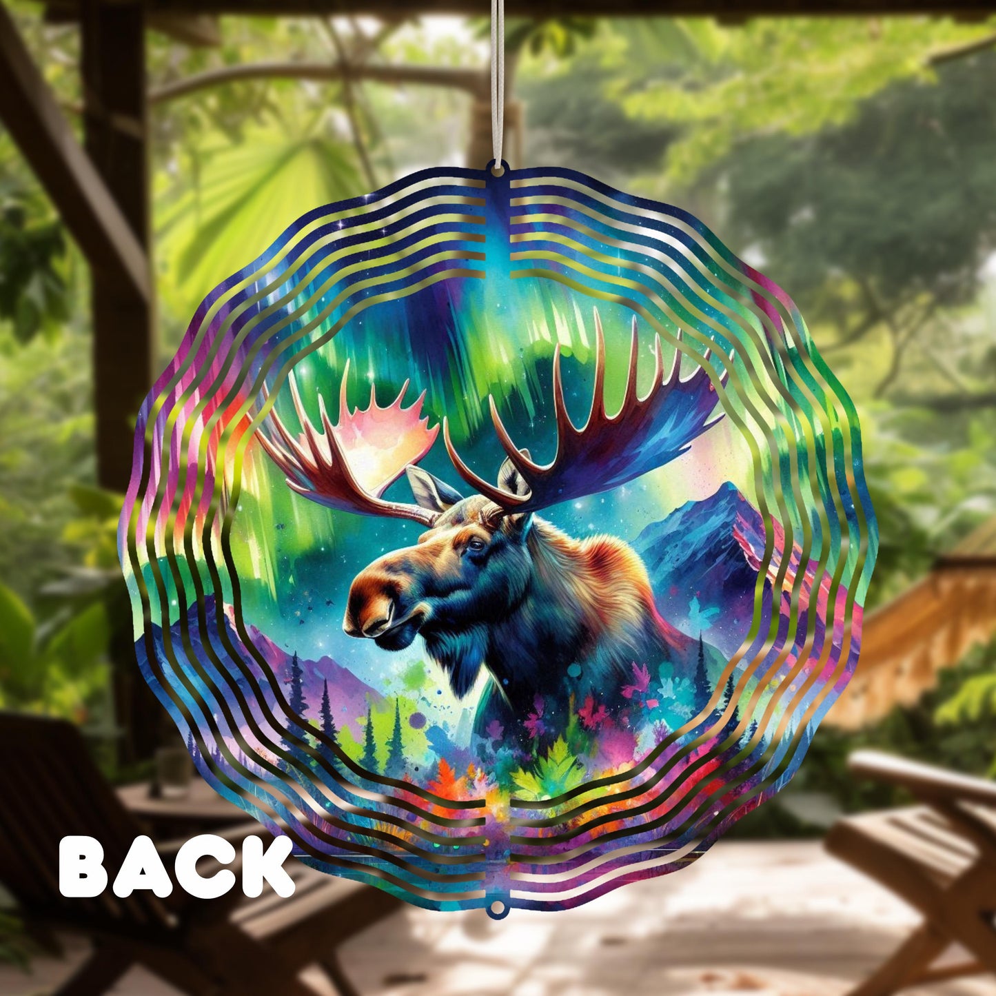 Double-Sided Moose Head Wind Spinner - 10x10 Watercolor Forest  Northern Lights Art