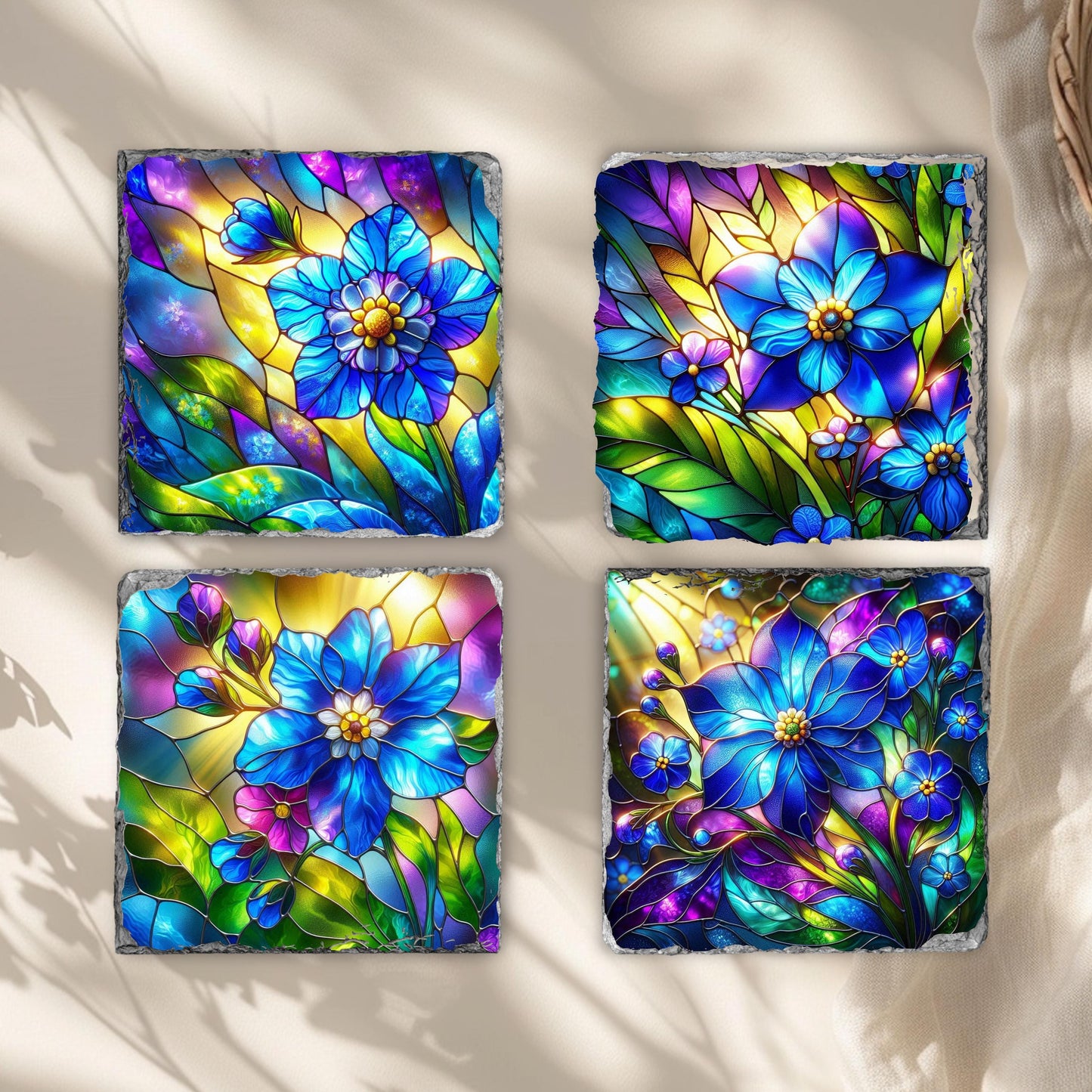 Slate Coaster Set with Faux Stained Glass Forget Me Not Flowers  Black Rack  Handcrafted Alaska State Gift