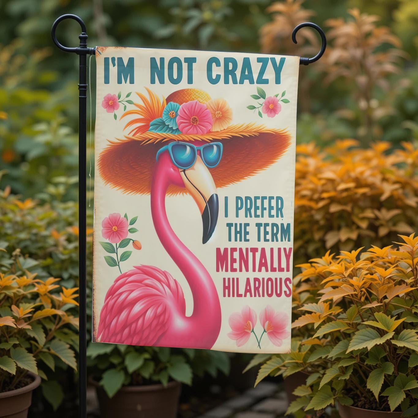 Funny Flamingo Flag – Sassy Garden Decor With Mentally Hilarious Pink Flamingo Design - additional angle