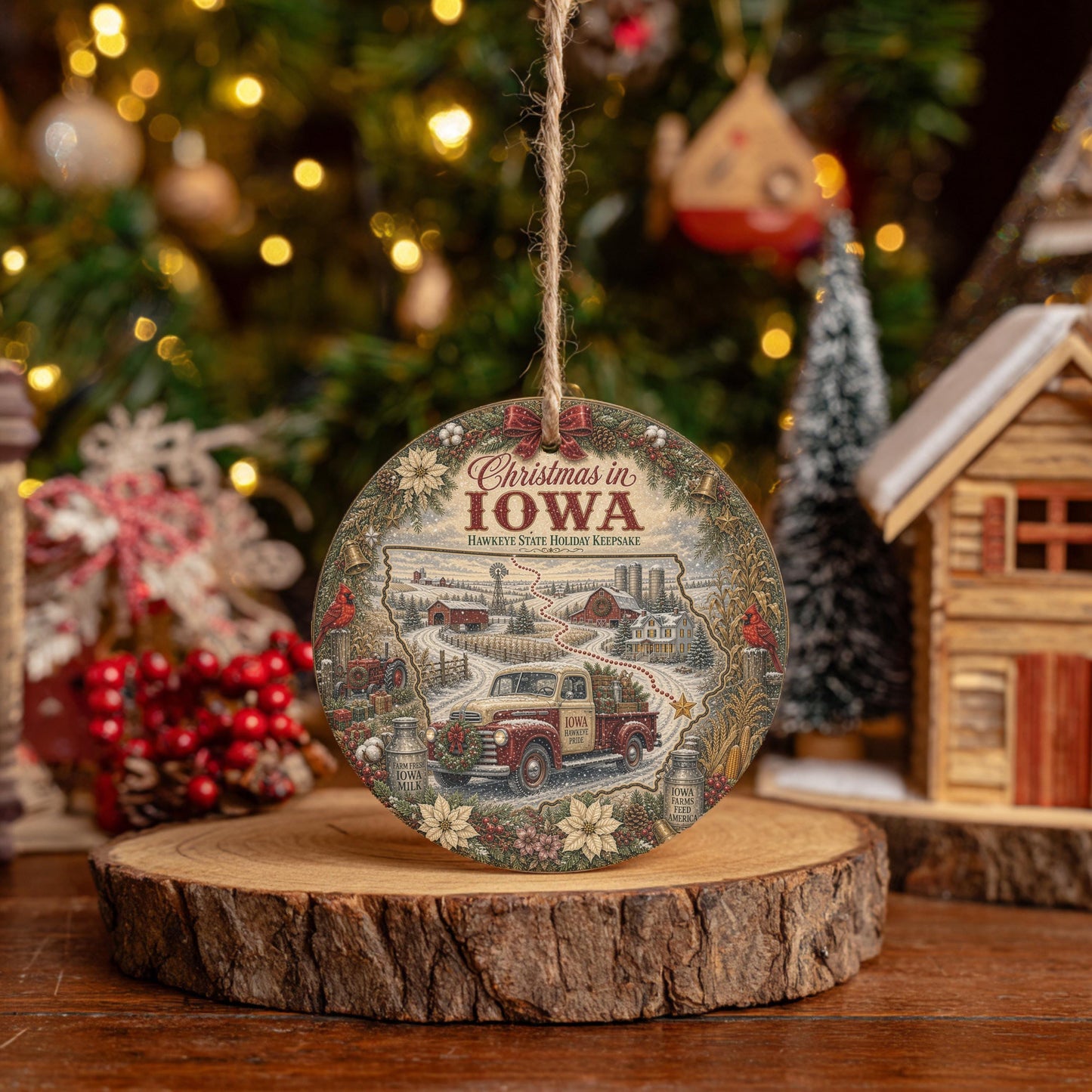 Iowa Christmas Ornament, Vintage Truck Cardinal Ceramic Keepsake