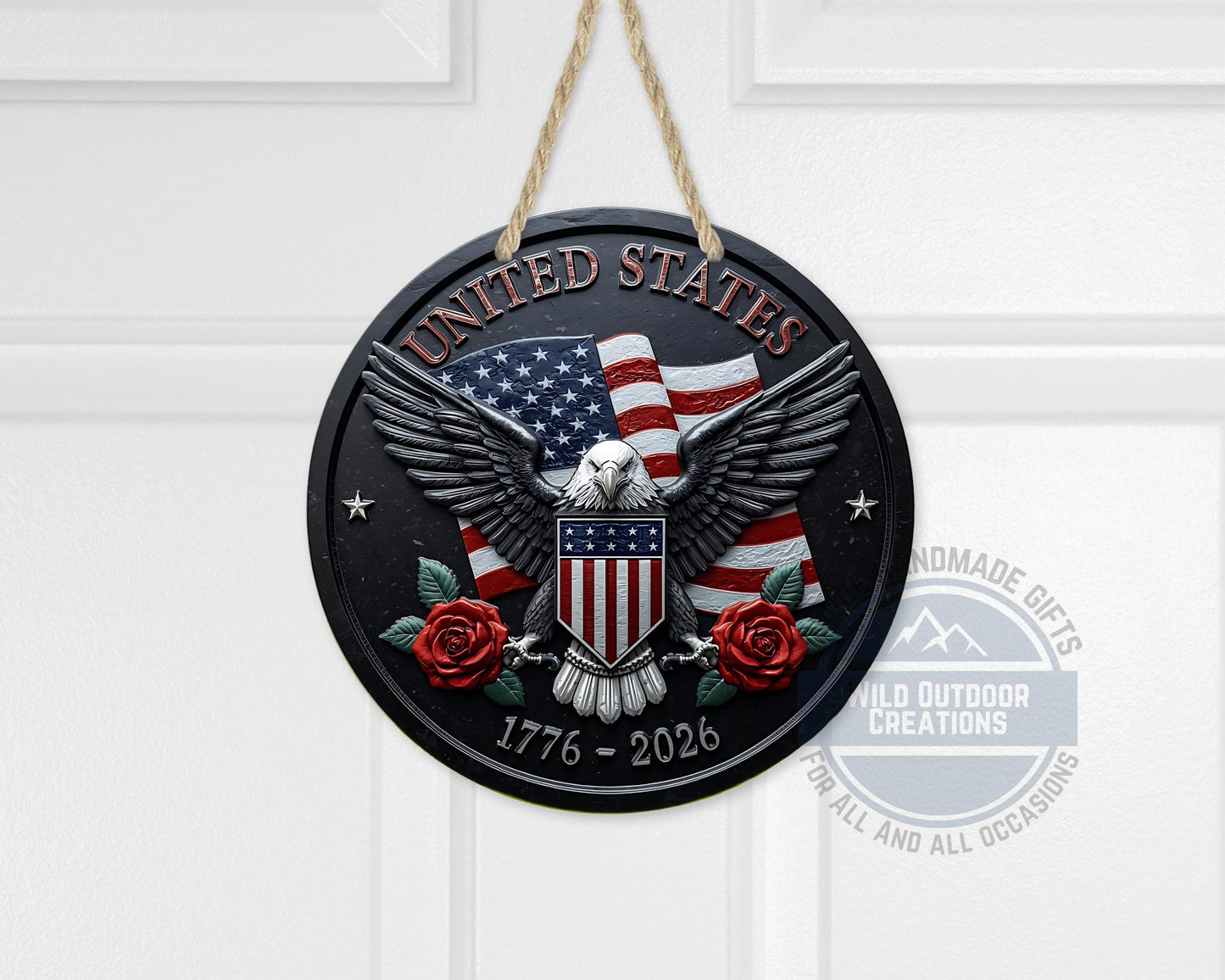 American Eagle Door Hanger - Round Aluminum Patriotic Door Sign, Veteran Gift Idea