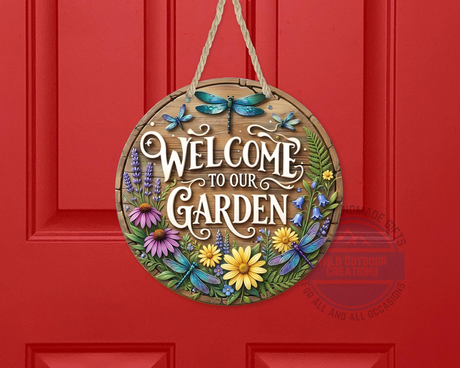 Welcome Garden Sign – Round Garden Door Hanger with Dragonfly & Rustic Decor - additional angle