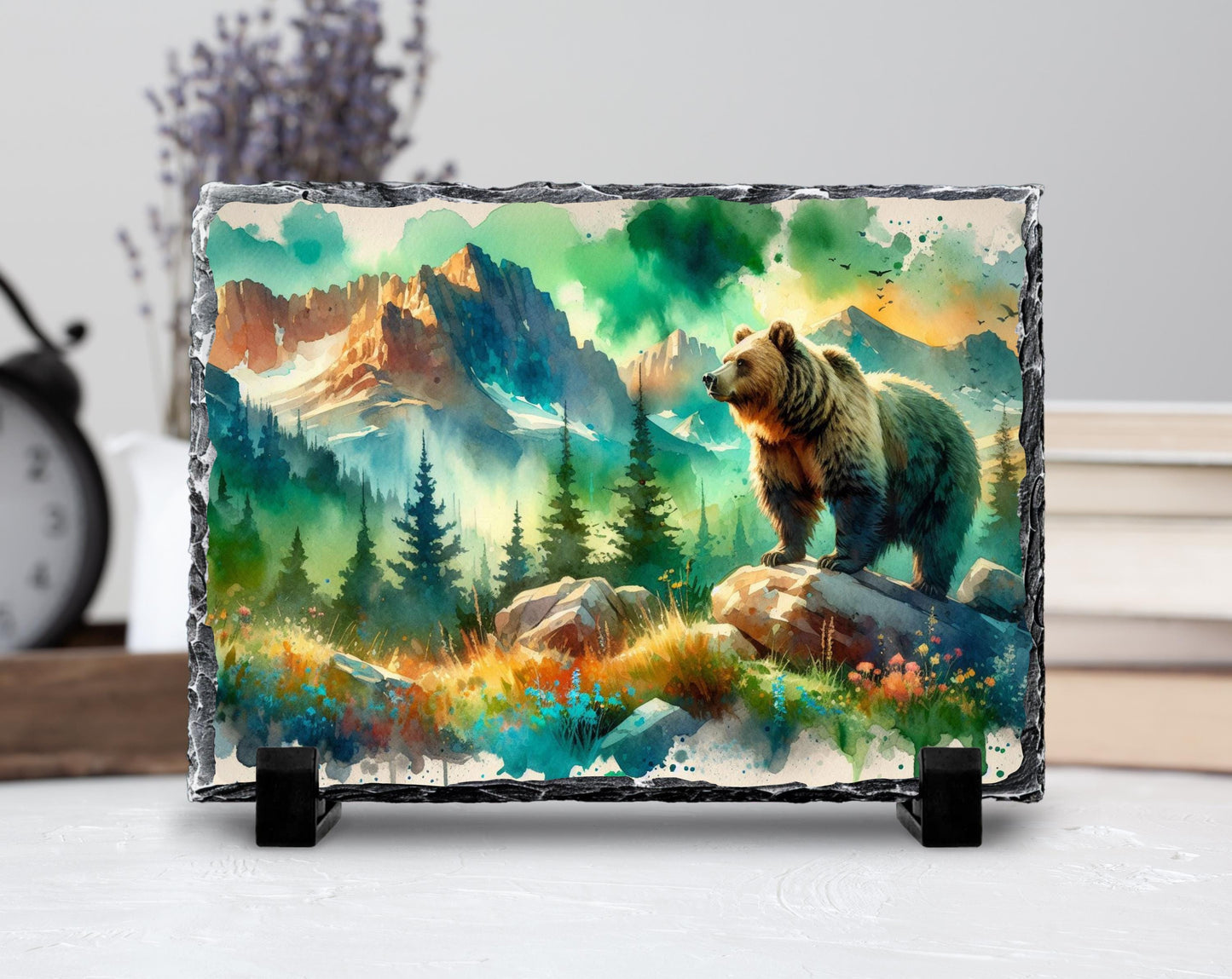 Rustic Bear Slate Plaque - Scenic River  Mountain Forest Decor Gift