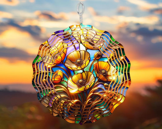 Vibrant Golden Poppy Wind Sculpture, Unique Gift for California Lover, Nature-Inspired Housewarming Gift, Hanging Wind Sculpture, Whimsical