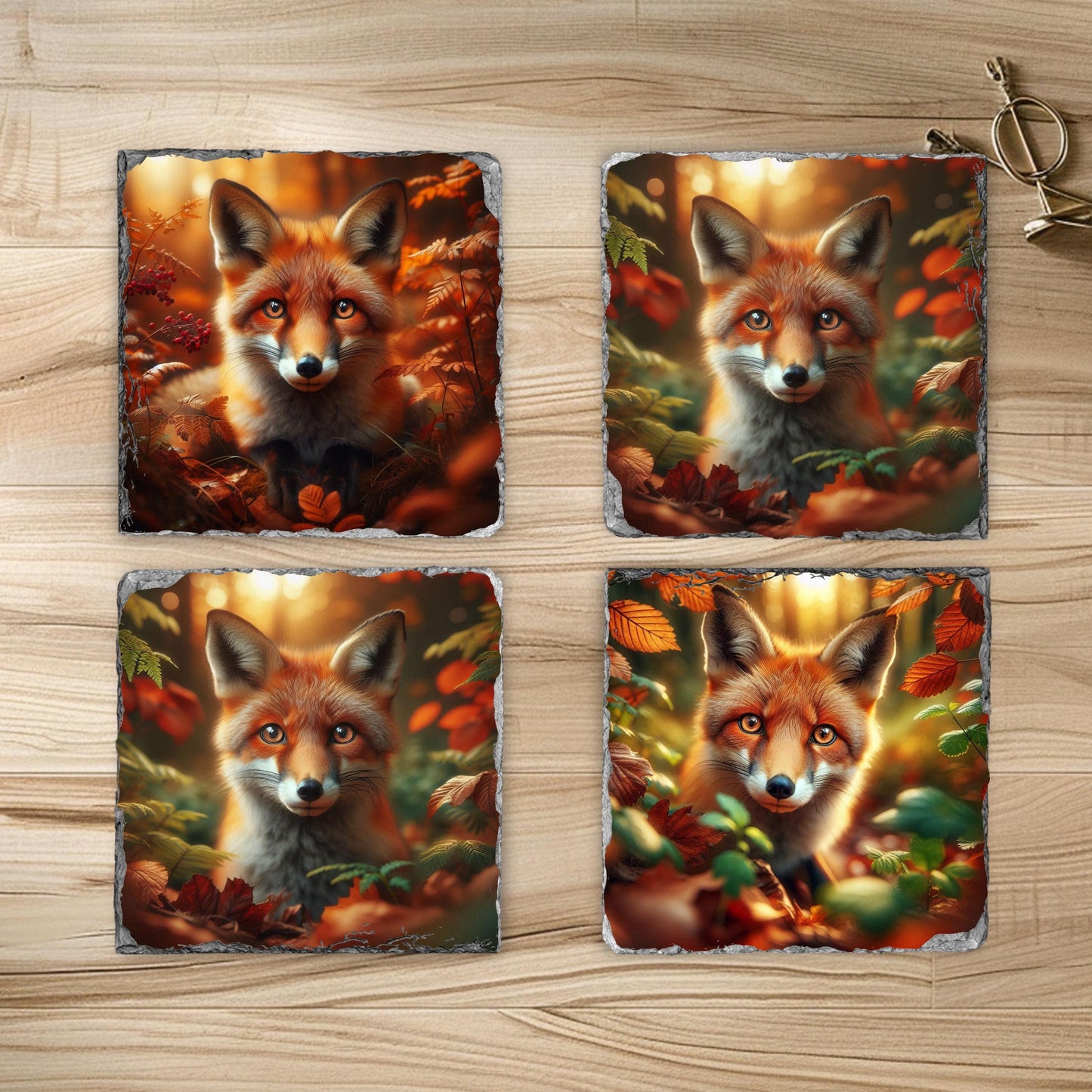 Fox Slate Coaster Set with Black Rack - 4 Rustic Fall Forest Design Coasters