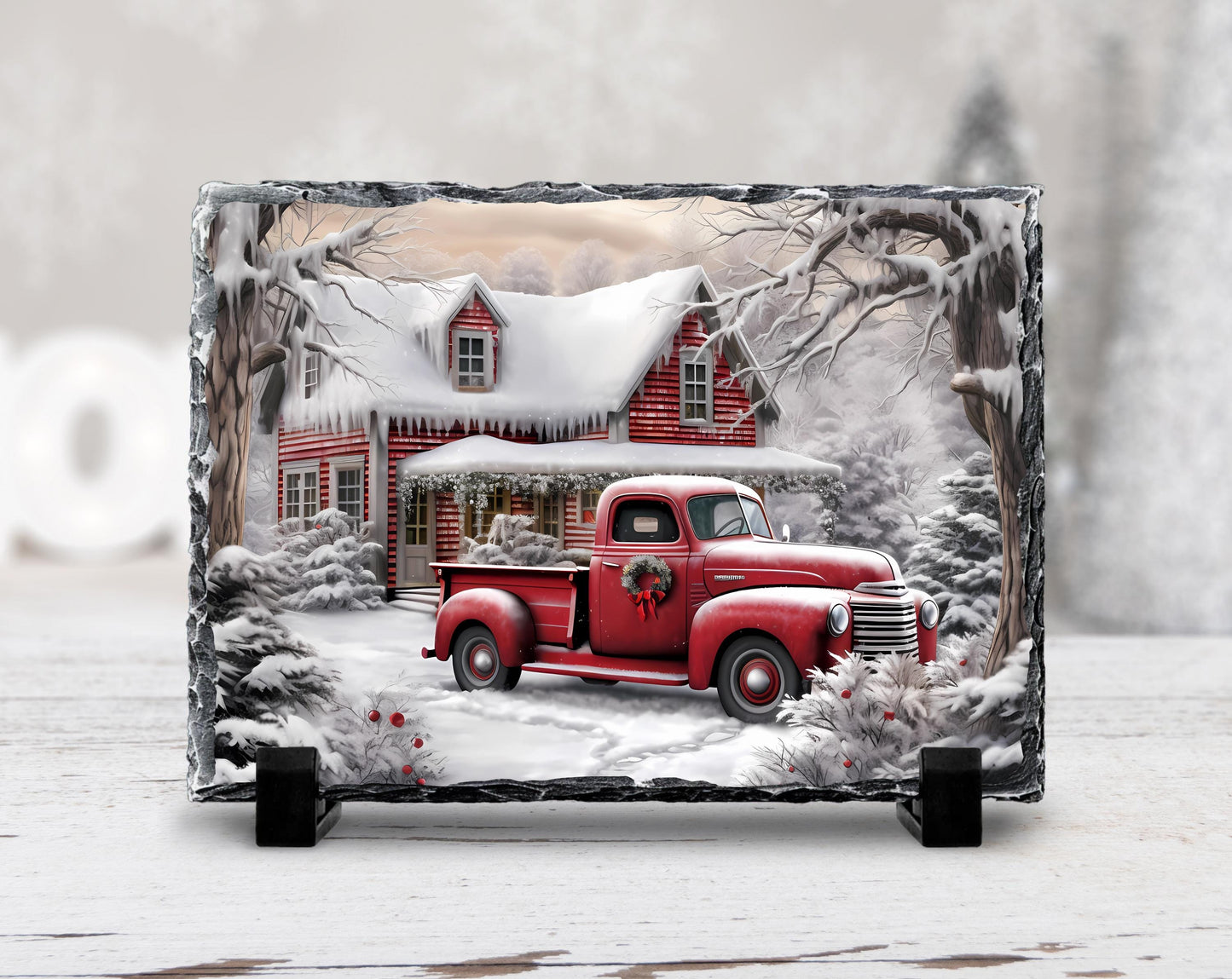 Winter Farm Scene Slate with Red Truck and Wreath - Festive Christmas Decor Gift for Home