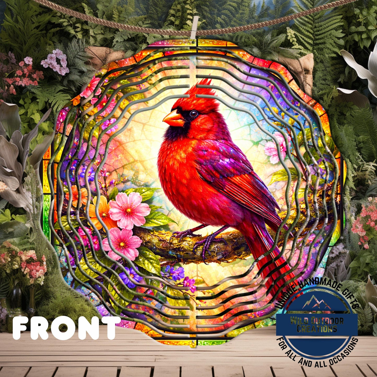 Cardinal Wind Spinner - 10 Inch Aluminum Outdoor Garden Decor With Pink Yellow Flowers