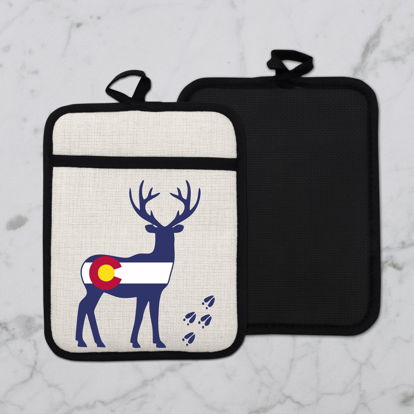 Colorado Deer Pot Holder - Linen Fabric, Silicone Back Trivet with Pocket Grip