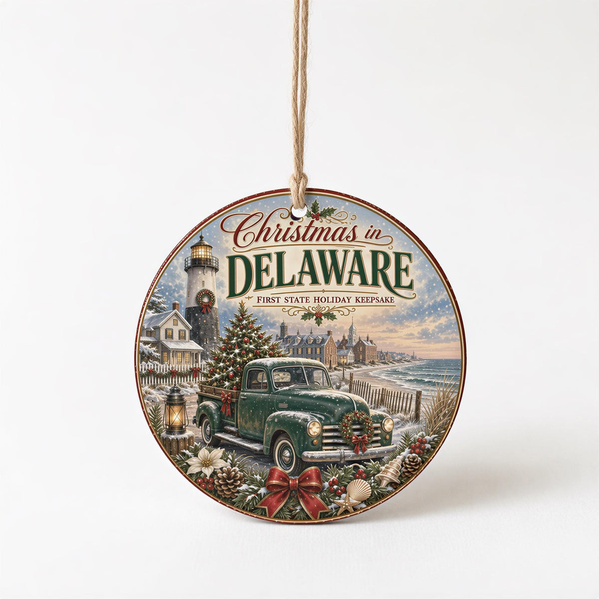 Delaware Christmas Ornament, Coastal Lighthouse Vintage Truck Art