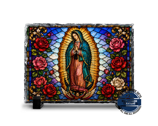 Our Lady of Guadalupe Faux Stained Glass Slate Plaque, Virgen Maria Catholic Gift