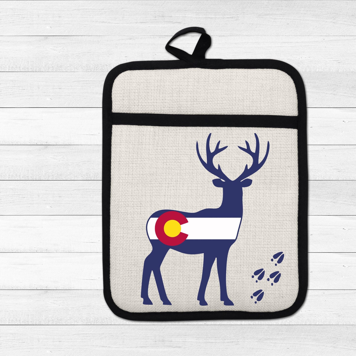 Colorado Deer Pot Holder - Linen Fabric, Silicone Back Trivet with Pocket Grip