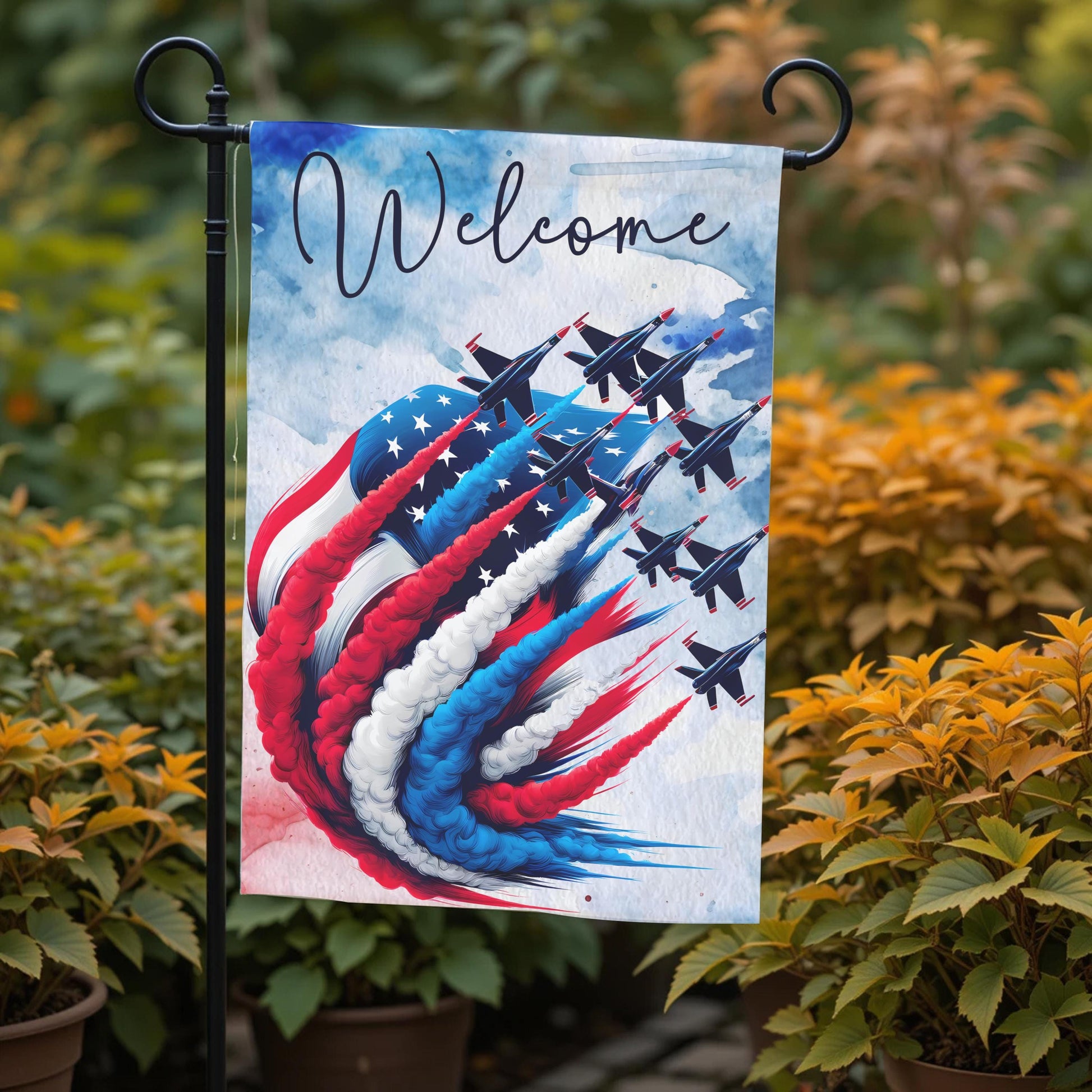 Patriotic Garden Flag - Double Sided 12x18 Red White Blue Fighter Jet Design - additional angle