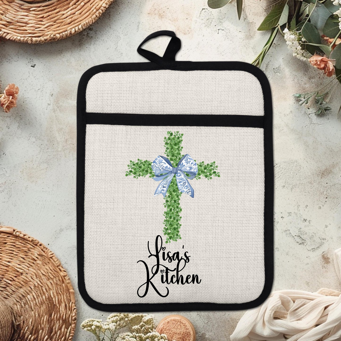 Personalized Christian Pot Holder - Custom Name Floral Cross Kitchen Gift - packaging and presentation