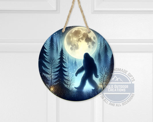 Bigfoot Door Hanger - Aluminum Round Porch Sign With Moonlit Forest Decor