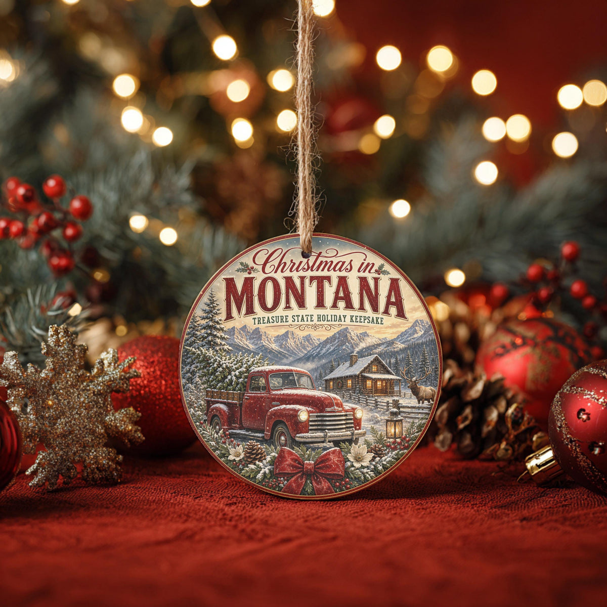 Montana Christmas Ornament, Rustic Cabin Scene | Ceramic, 3 Inch